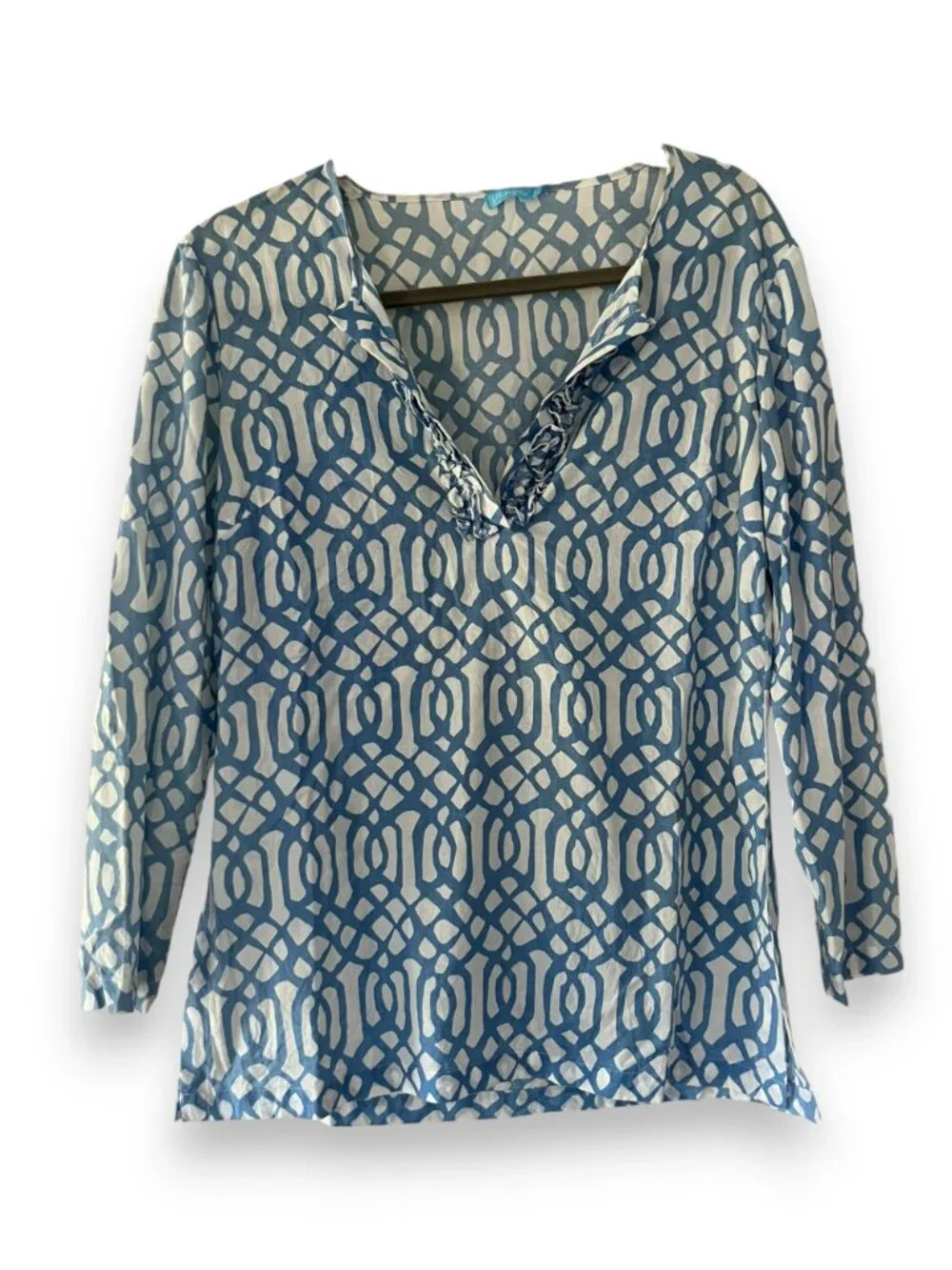 J.McLaughlin Blue White Geometric Cotton Tunic Ruffle Neck, Small - Picture 2 of 2